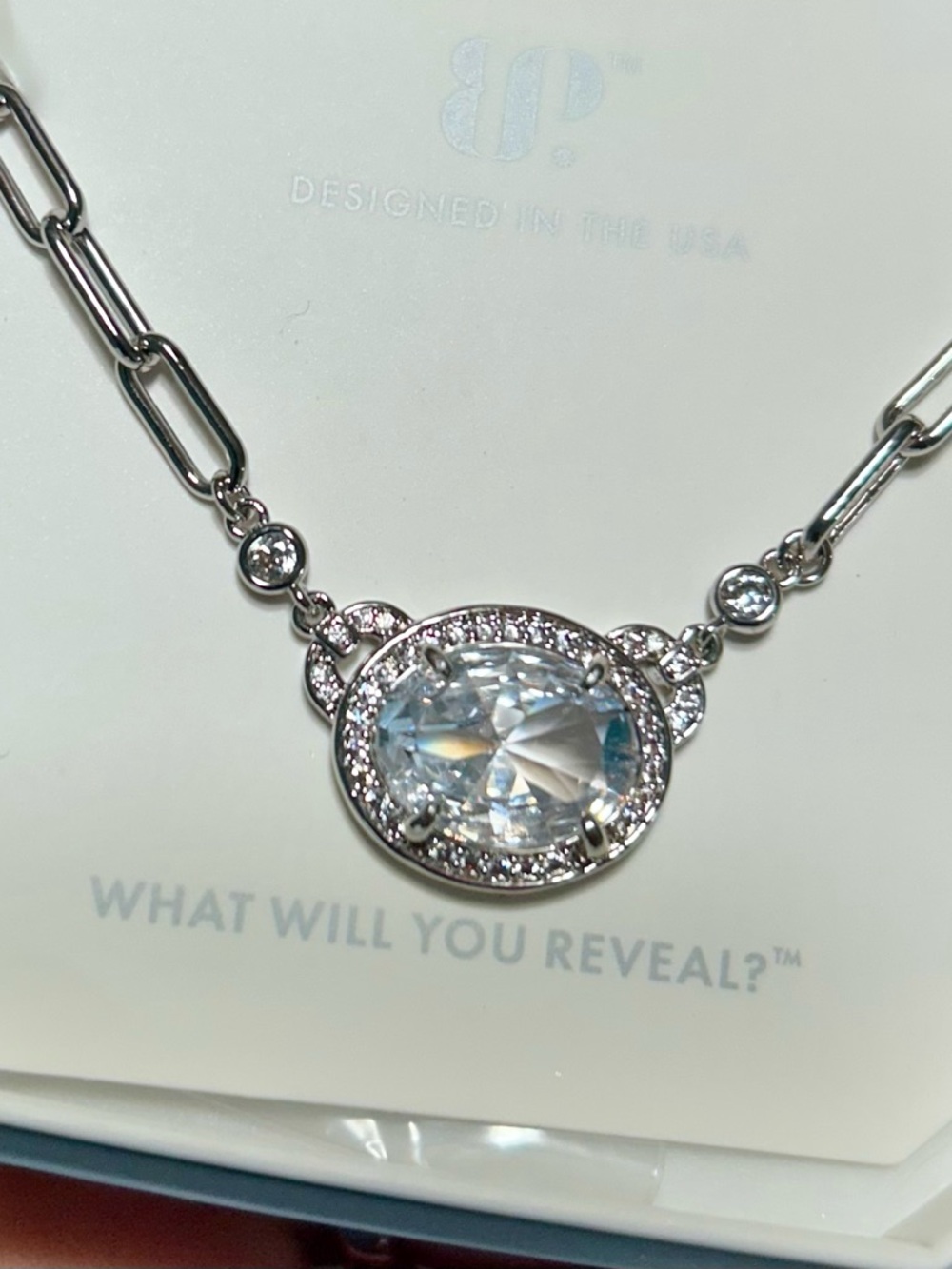 Silver-Tone Oval Crystal Pendant Necklace - Clear Sparkle